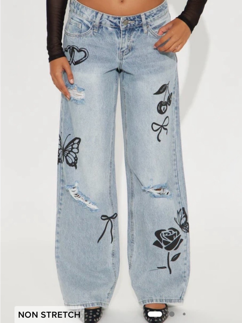 Fashion Nova Light Blue Wide-Leg Jeans with Black Graphic Motifs Non Stretch
